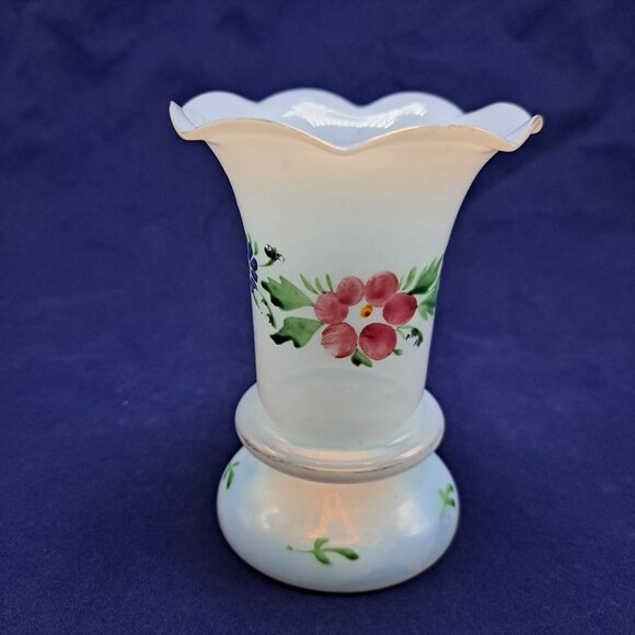 Hand Blown Ruffled Opal Glass Vase Floral Design - Picture 4 of 12